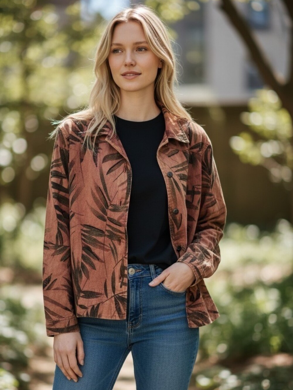 Chico's Cotton Design Brown Leaf-Print Button Front Jacket